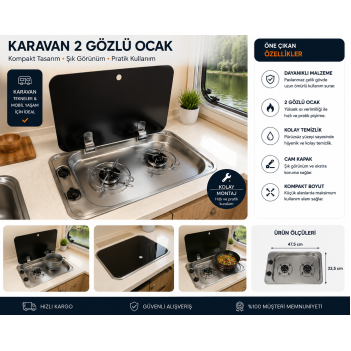 Karavan 2 Gözlü Cam Kapaklı Ocak 53 X 32.5 Cm Univercal (11014)