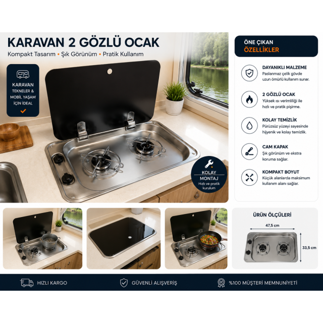 Karavan 2 Gözlü Cam Kapaklı Ocak 53 X 32.5 Cm Univercal (11014)