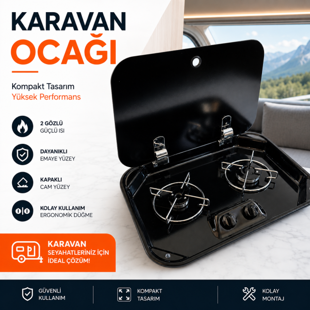 Karavan Cam Kapaklı Emaye İkili Ocak 37 X 48  Gaz Emliyetli Univercal (11017)