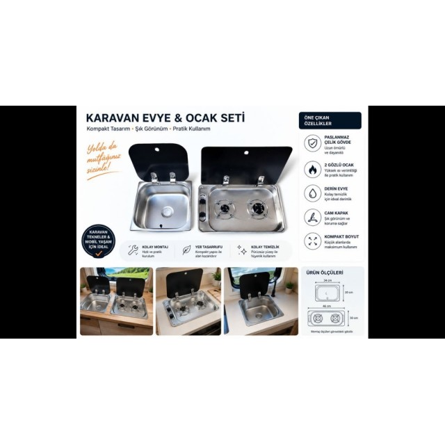 Univercal Karavan İki Gözlü Cam Kapaklı Ocak Cam Kapaklı Evye Seti Univercal (11013)