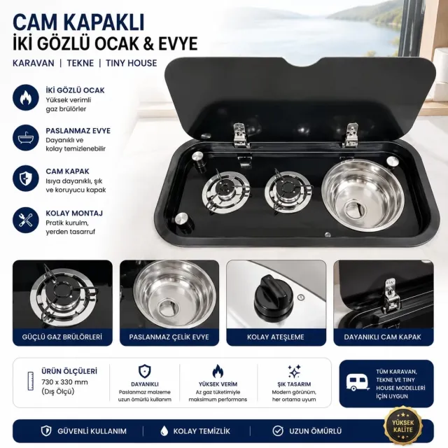 Karavan Univercal Kombinasyon İkili Ocak Evyeli  76x36.5 Cm (11017b)