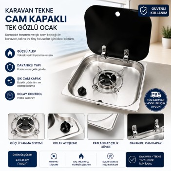 Karavan Tekne Cam Kapaklı Tek Ocak 33 X 35 (11007)