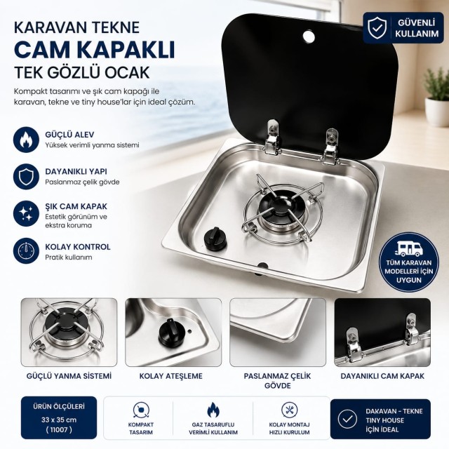 Karavan Tekne Cam Kapaklı Tek Ocak 33 X 35 (11007)