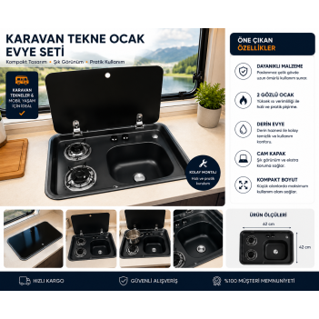 Karavan Tekne Ocağı  42x62 Cm Cam Kapaklı  Siyah (11017s)