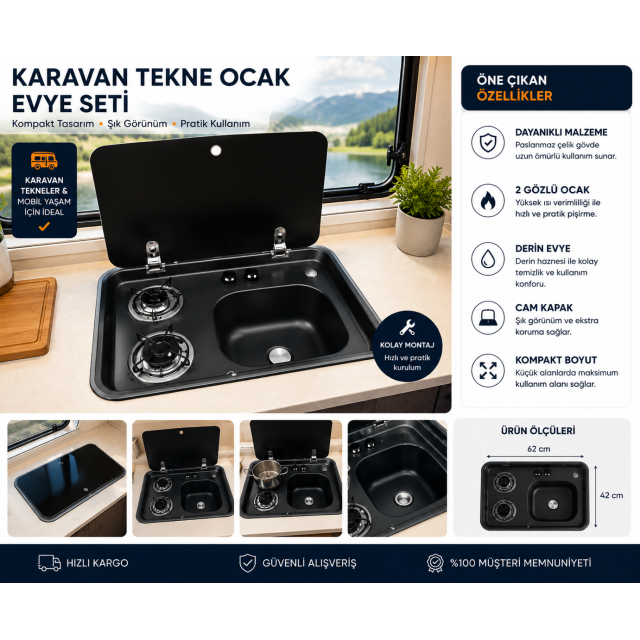 Karavan Tekne Ocağı  42x62 Cm Cam Kapaklı  Siyah (11017s)