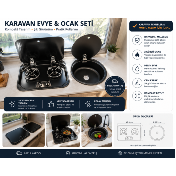 Karavan Tekne Cam Emaye Ocak + Cam Kapaklı Evye Siyah (11017a)