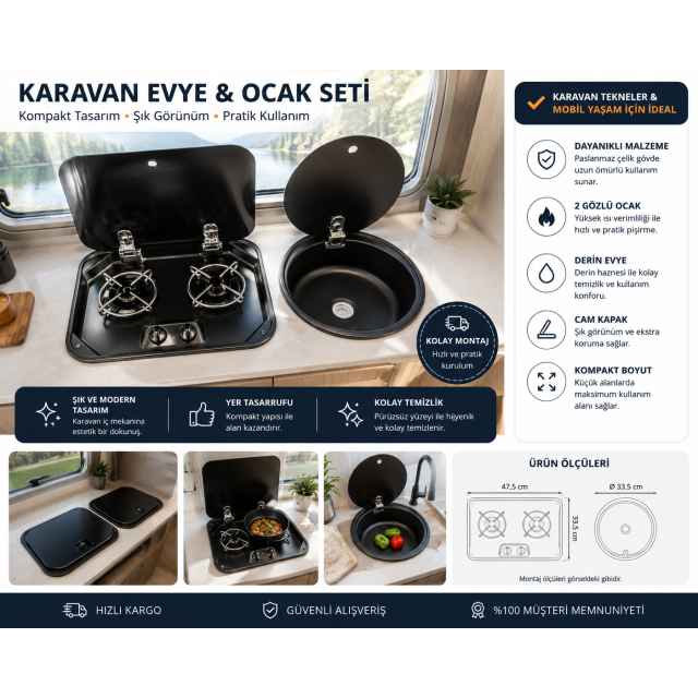 Karavan Tekne Cam Emaye Ocak + Cam Kapaklı Evye Siyah (11017a)