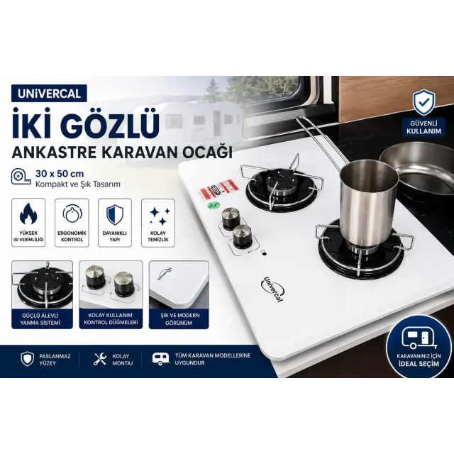 İki Gözlü Ankastre Karavan Ocağı 30 X 50 Cm Beyaz Univercal (11010b)