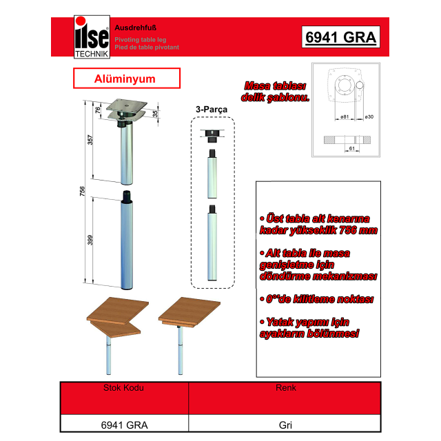 Karavan Döner Tip Masa Ayağı 75 Cm