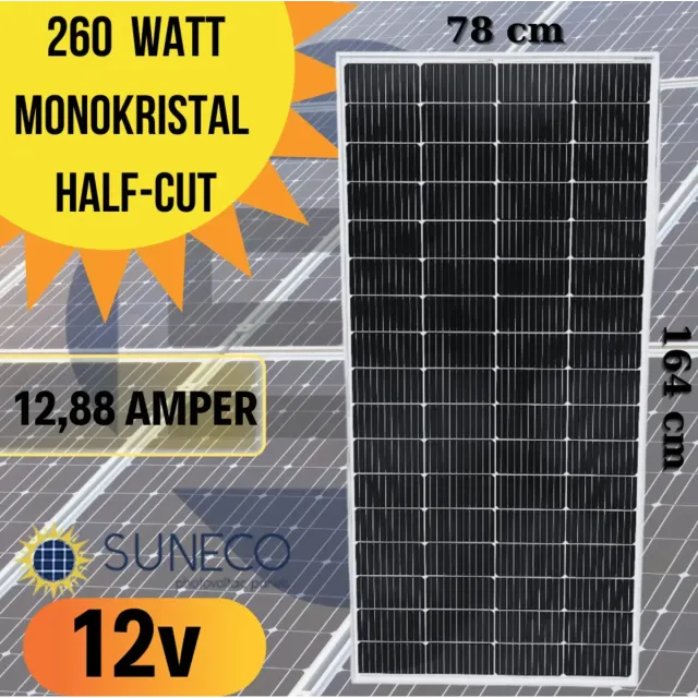Suneco 260 W Half Cut Watt Monokristal Solar Güneş Paneli A Sınıf 12 Volt (19004a)