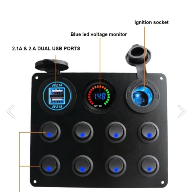 Switch Panel, 8 Anahtarlı, Voltmetre Ve Usb Şarjlı (7014)