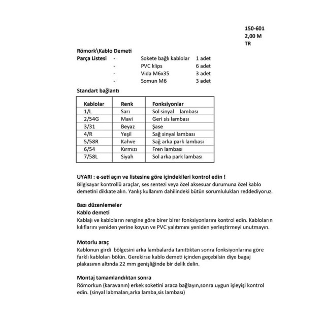 7 Kutuplu Universal Elektrik Tesisatı 2 Metre Kablo (17032a)