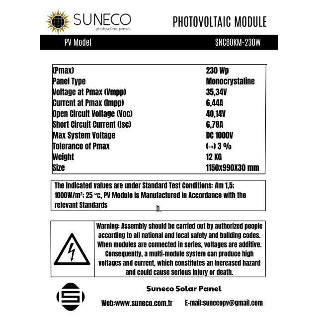 Suneco 230 Watt Half Cut Monokristal Solar Kare Güneş Paneli (19003a)