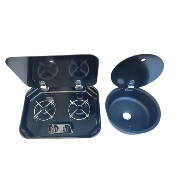 Karavan Tekne Cam Emaye Ocak + Cam Kapaklı Evye Siyah (11017a)