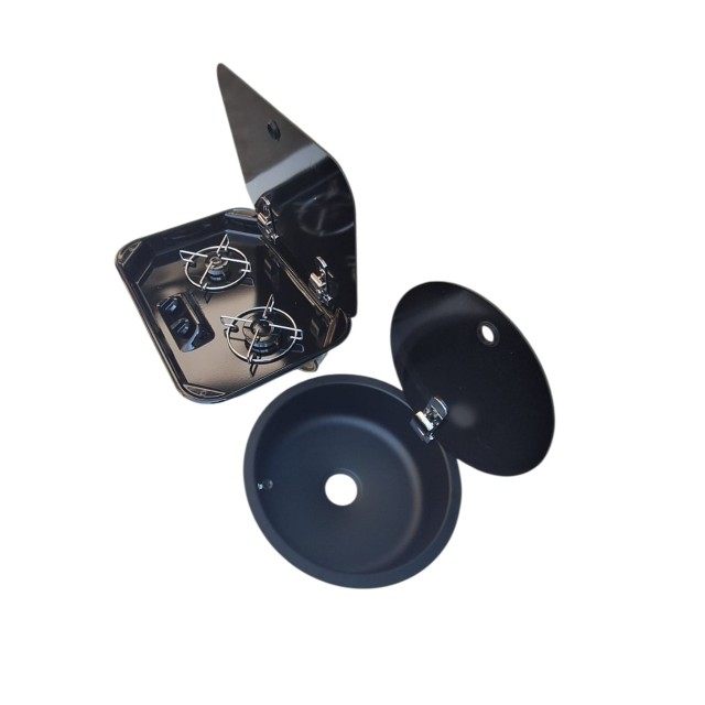 Karavan Tekne Cam Emaye Ocak + Cam Kapaklı Evye Siyah (11017a)