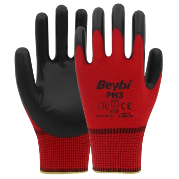 Beybi Pn3 Polyester Örme Nitril Eldiven Kırmızı No 10 (1041)